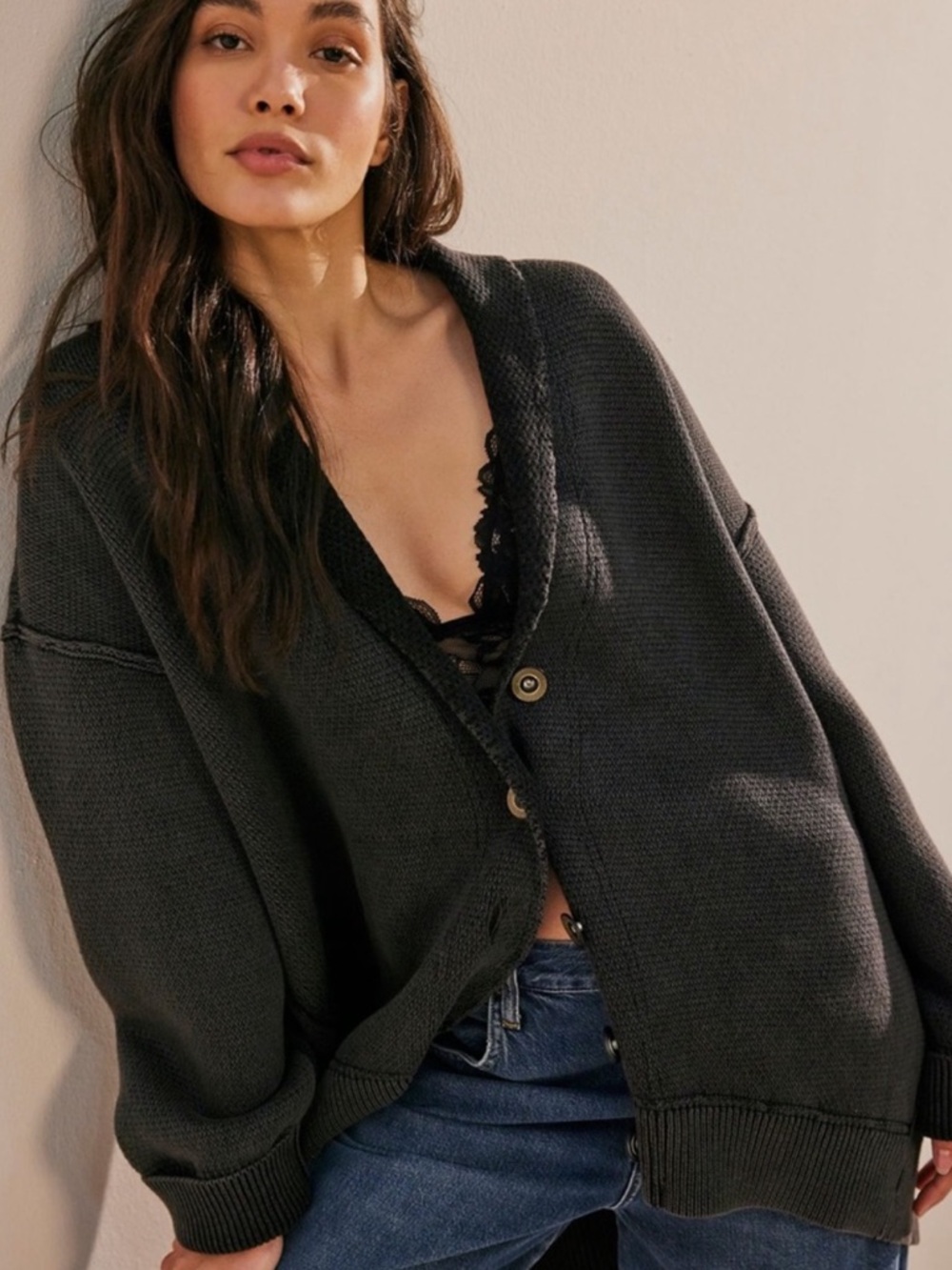 Free People Chamomile Oversized Cardigan in Washed Black Size L